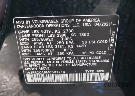 2021 Volkswagen Atlas 3.6L V6 Se W/Technology R-Line из США, поврежденный, VIN 1V2RR2CA8MC581716